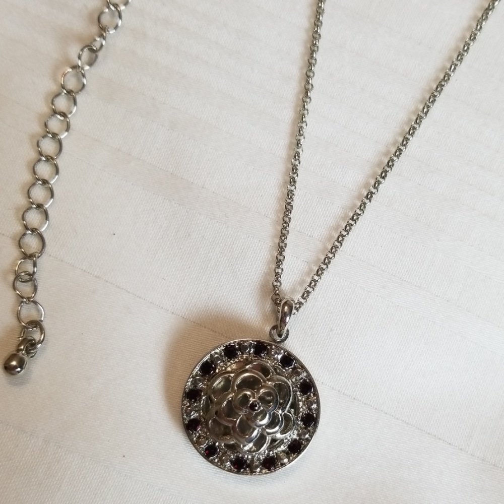 Silver Red Rhinestone Round Floral Locket Necklace